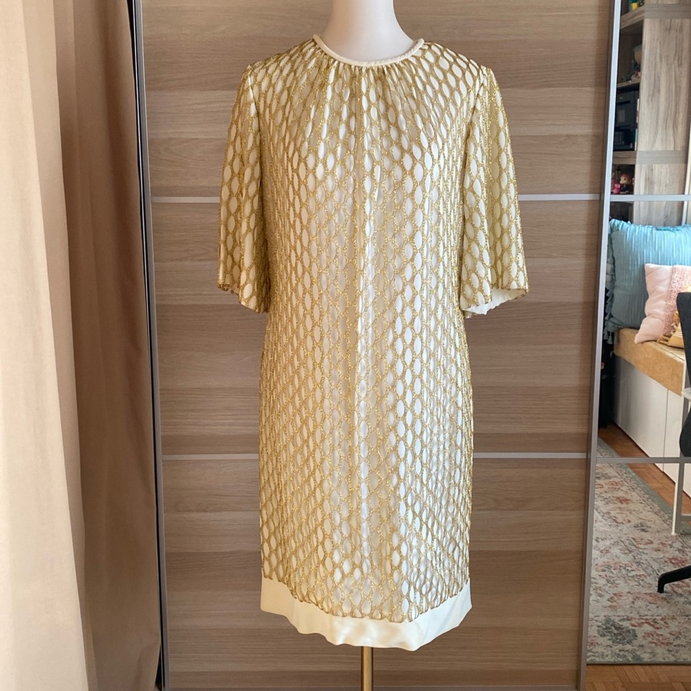 Sólí Miami Vintage Gold Overlay Shift Dress Size Small Mid Century Cocktail Gown